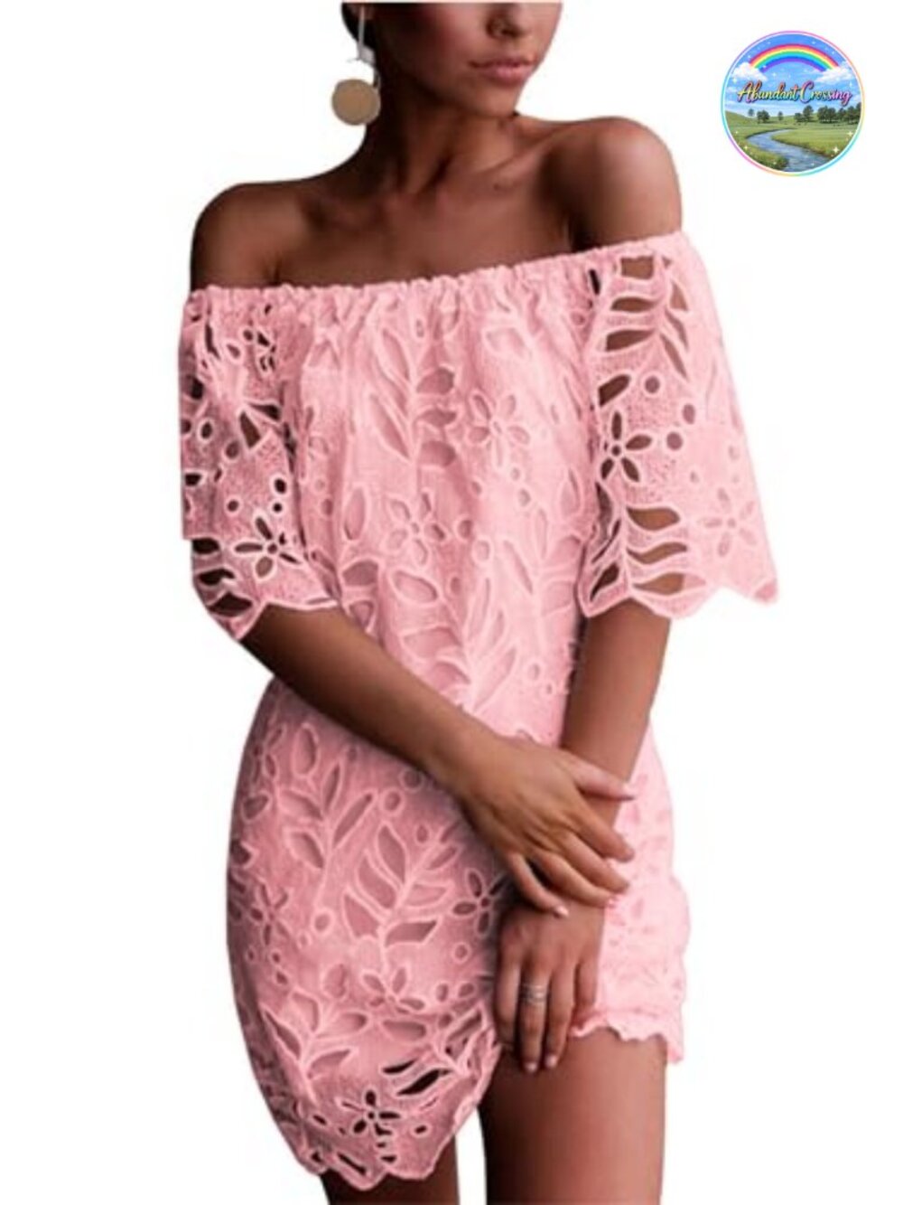 Off Shoulder Lace Mini Dress Women Summer Eyelet Floral Short Sleeve